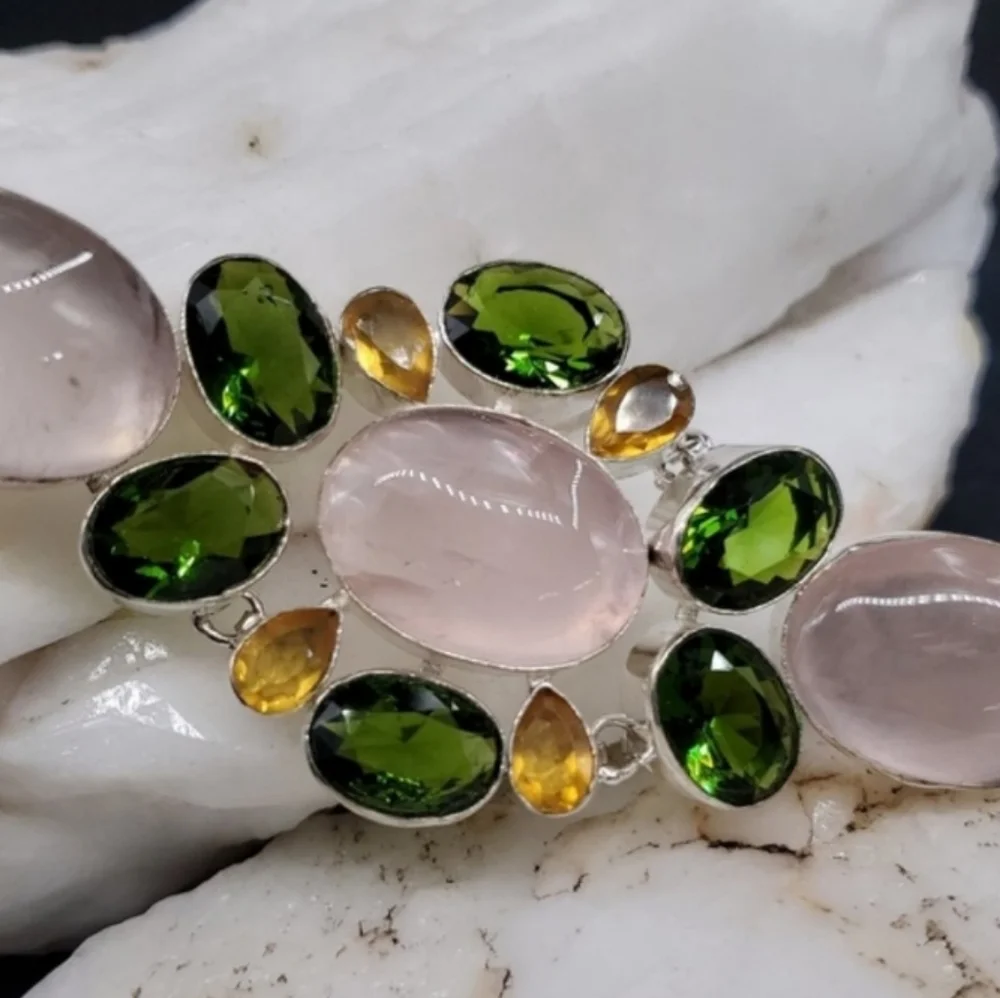 Genuine Rose Quartz Peridot Lemon Quartz Rhodium/925 Silver Bracelet